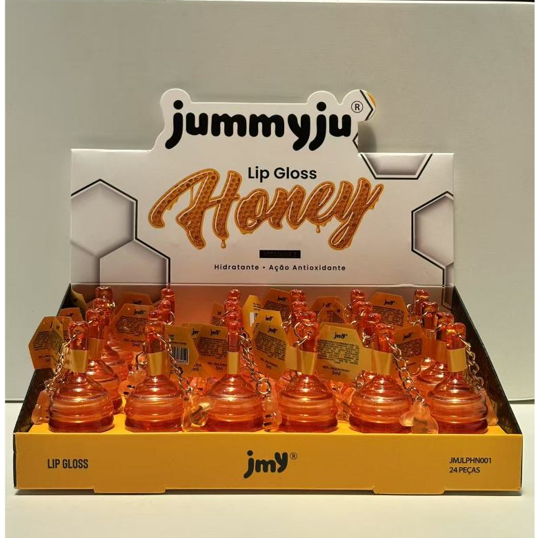 kit com 24pc Jummyju Lip Gloss Honey 5ml – Hidratação profunda, brilho suave, aroma doce com chaveiro JMJLPHN001