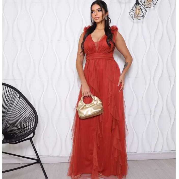 Vestido Longo Feminino Elegante em Tule com Camadas Fluido para Festa Madrinha Luxo 2025