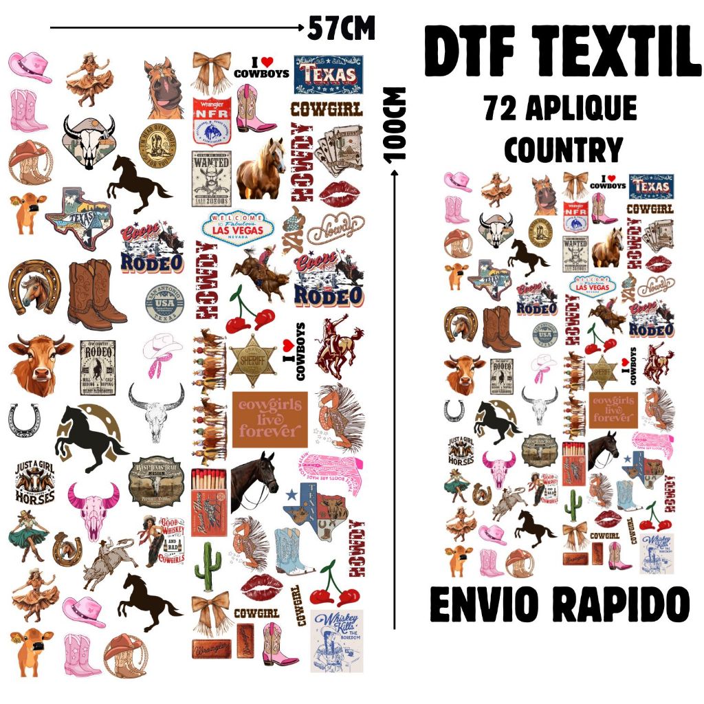Aplique Country Termocolante Para Jeans ,Calça Camiseta Jaqueta DTF Textil Arquivo PRonto 72 Unidades Promoção
