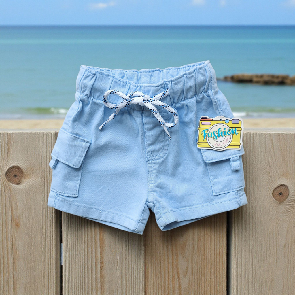 Short Azul Bermuda Cargo Bolso Lateral Infantil Bebê Menino