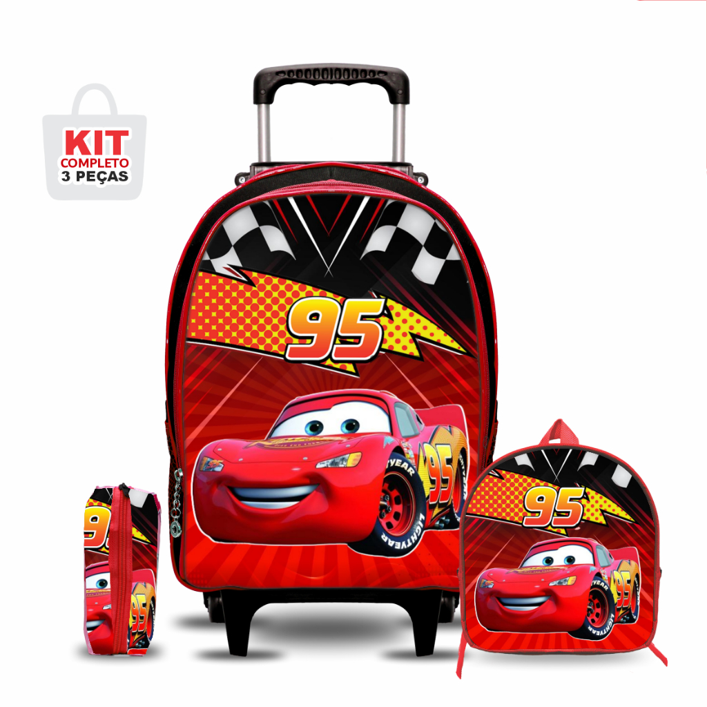 Mochila escolar Carros com Lancheira e Estojo - Rodinha - Menino - Masculino