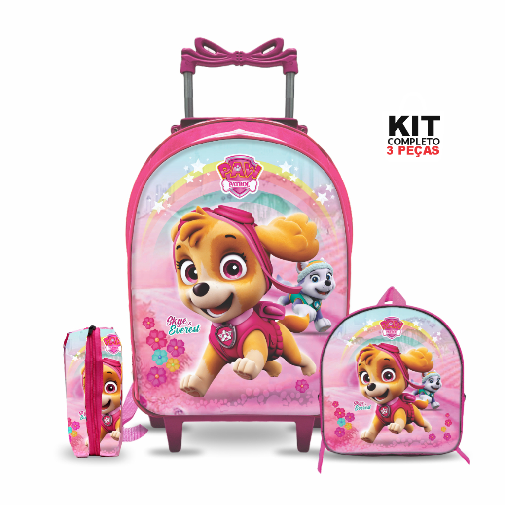Mochila escolar Patrulha Skye com Lancheira e Estojo - Rodinha - Menina - Feminino