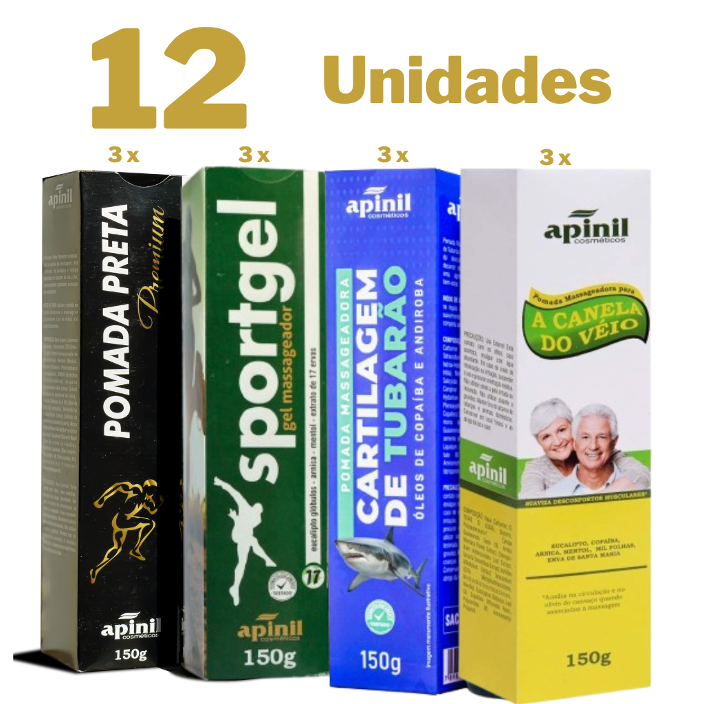 Kit 12 Pomadas Premium para Alívio de Dores Musculares e Articulares 150g