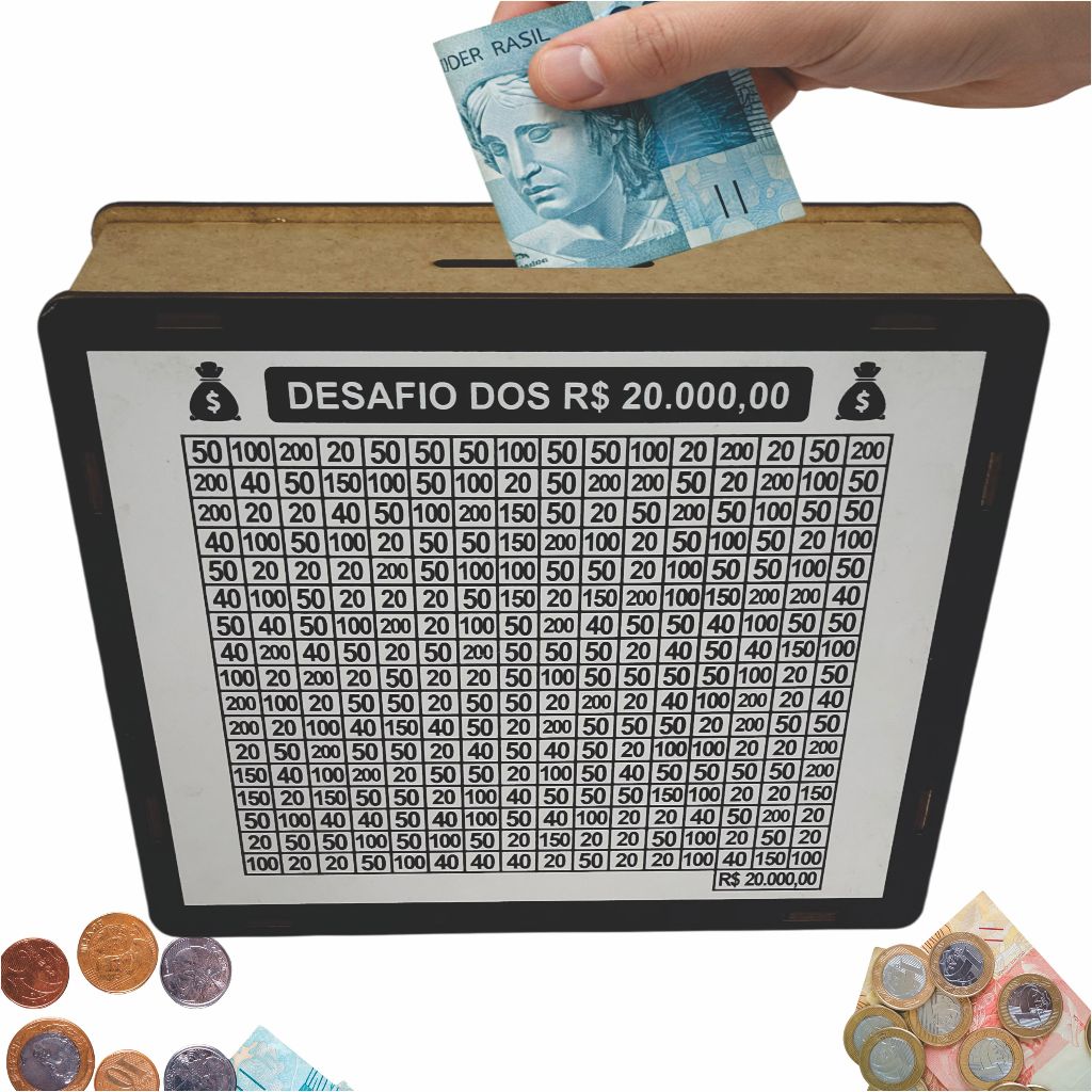 Cofre Cofrinho Desafio 20 e 50 mil Caixa de Dinheiro MDF/Método Japonês/Poupança/Contador