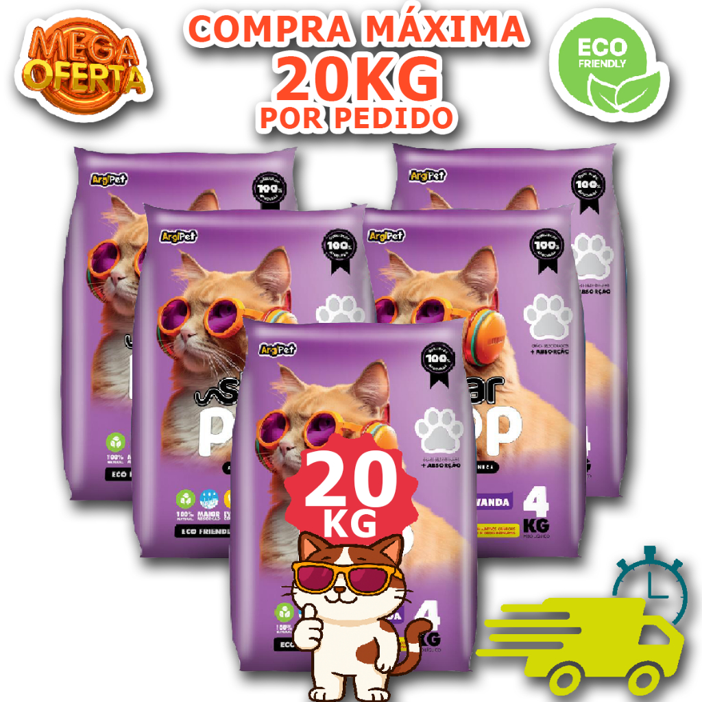 Kit 20 kg areia sanitaria lavanda higienica natural argila ecologica absorvente para gatos