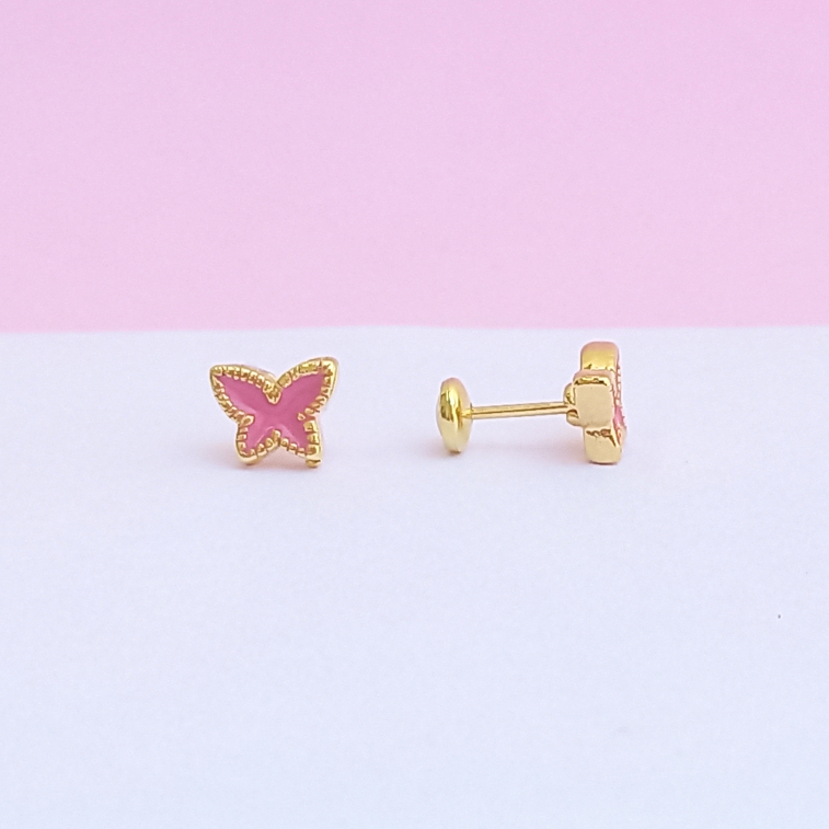 Brinco Infantil Borboleta Rosa – Tarraxa Baby – Banho Ouro 18k – Hipoalergênico