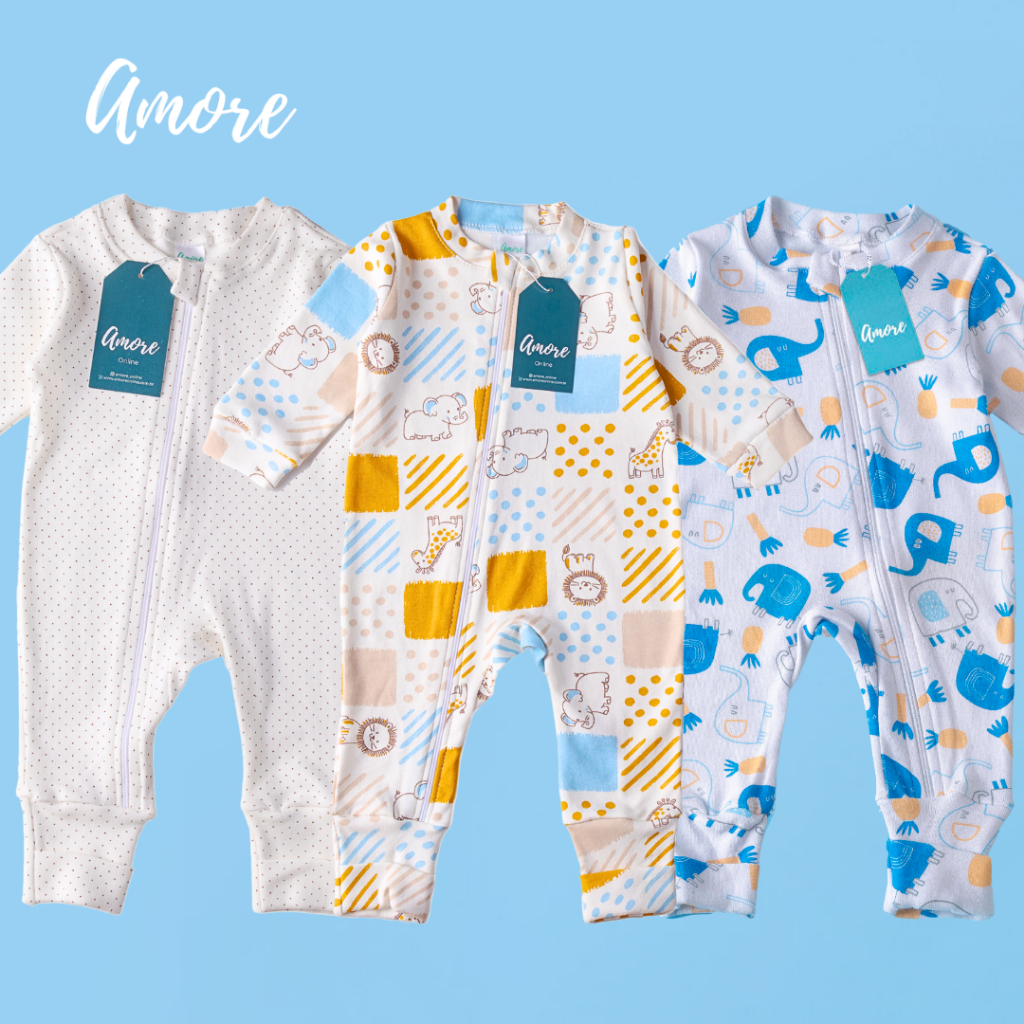 Kit 3 Macacão Bebe Amore Pé Reversível Clássico Menino Infantil RN ao GG Maternidade 100% Algodão