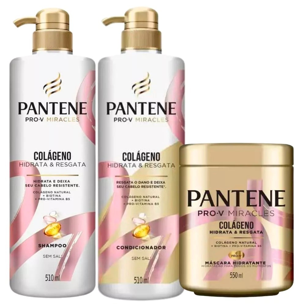 KIT Pantene Shampoo 510ml + Condicionador 510ml + Máscara 550ml Colágeno
