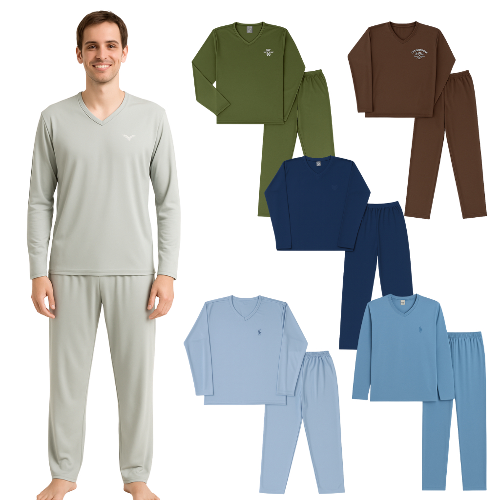 Kit 2 Pijamas Longo Adulto Masculino Básico Bordado Sortido P ao GG