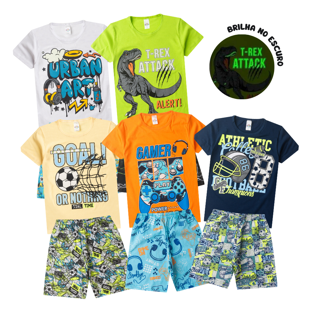 Kit 3 Conjuntos Pijama Algodão Verão Juvenil MENINO 10 ao 16 Brilha no Escuro