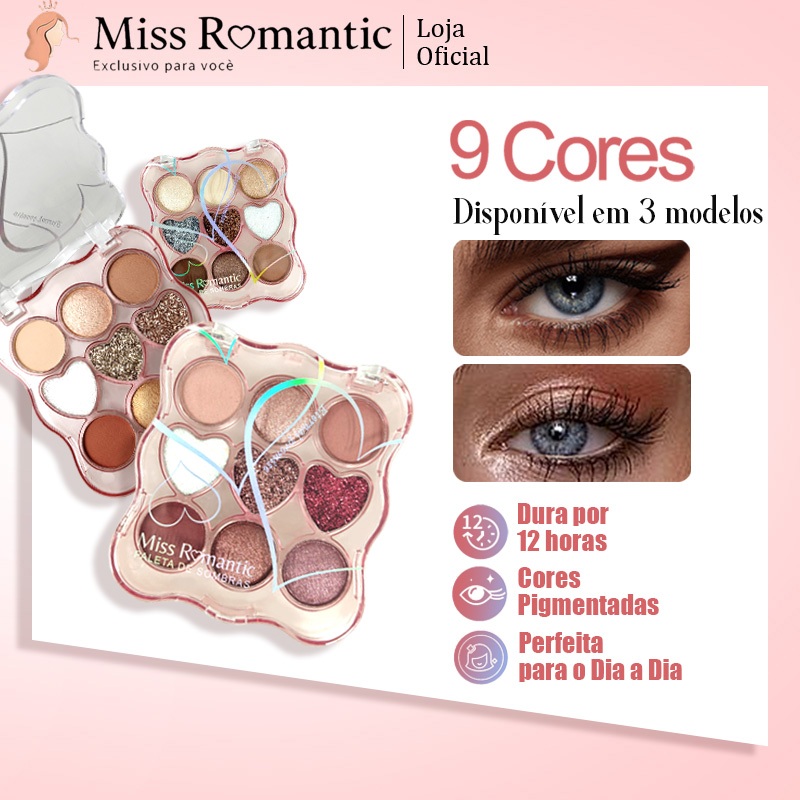 Paleta de Sombras Miss Romantic – 9 Cores Matte e Glitter para Maquiagem Completa