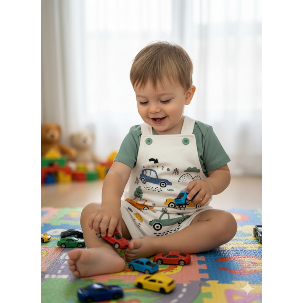Conjunto de Jardineira 2 peças Bebê Menino Suedine Pequenos Carros