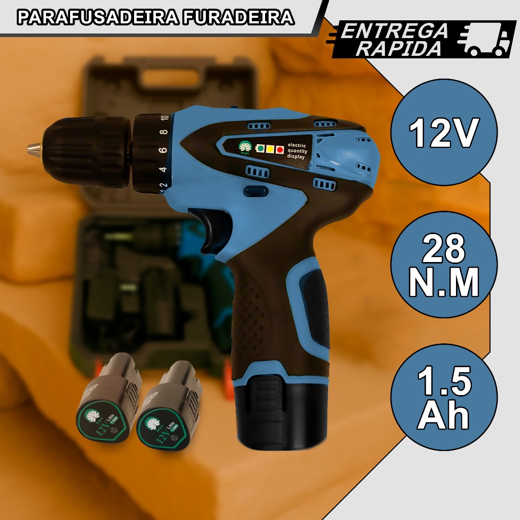 Parafusadeira Furadeira 12V 2 Baterias Sem Fio Com Maleta Bivolt 110V/220V 2 Velocidades