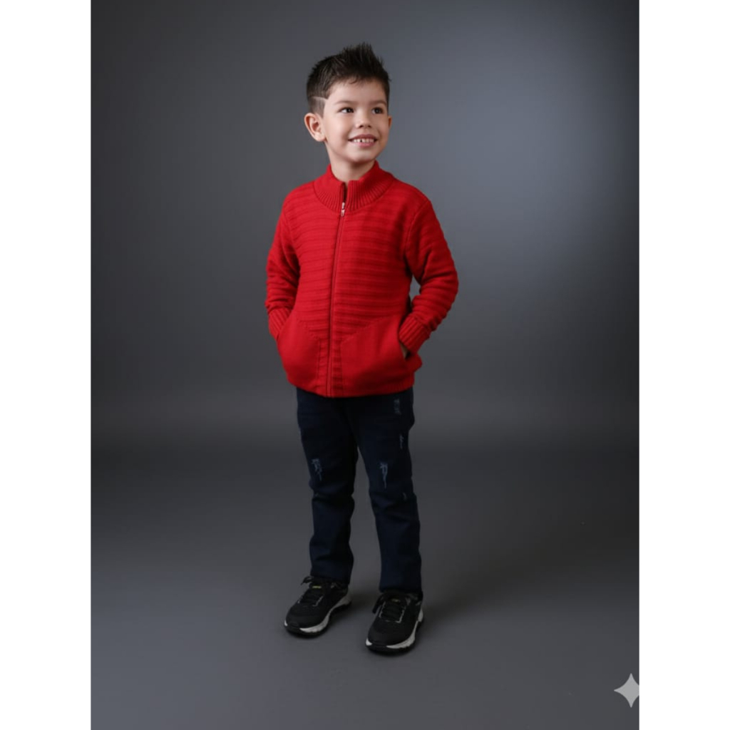 Blusa de Frio Infantil Tricot Jaqueta Suéter Masculino com Zíper e Bolso