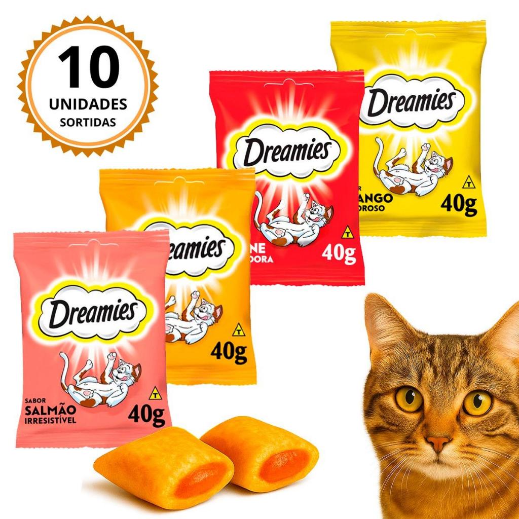 Kit Com 10 Unidades Petiscos Dreamies Para Gatos Adulto 40G Sabores Carne Frango Queijo Salmão