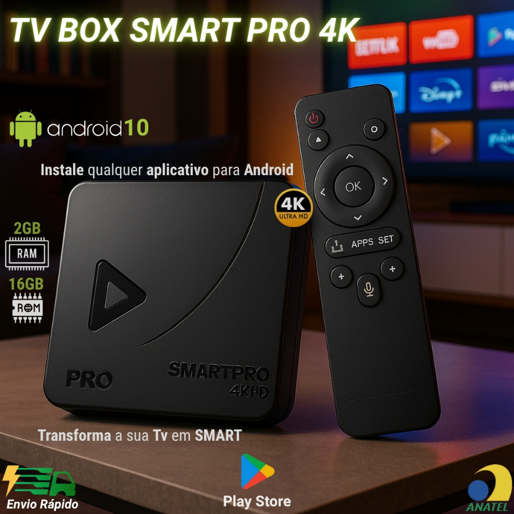Smart Box Transforme sua TV em Smart c/ 2 GB RAM 16 GB Armazenamento 4K Netflix Prime Vídeo Youtube