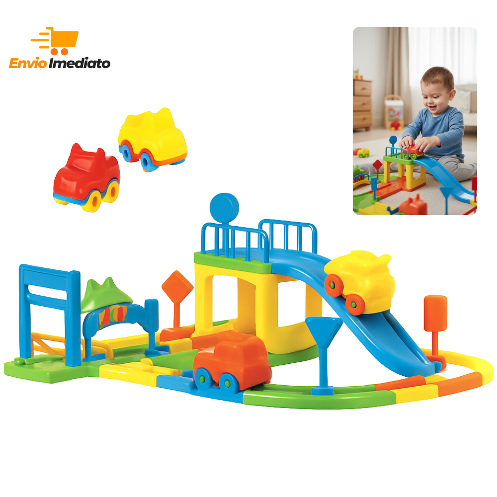 Pista De Carrinho Infantil 37 Peças Brinquedo Corrida Baby Animal Com 2 Carrinhos Rampa Montar Presente Menino