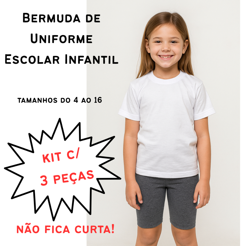 Kit c/3 Shorts Bermuda escolar infantil e juvenil  do 4 ao 16 suplex costura reforçada e cós alto