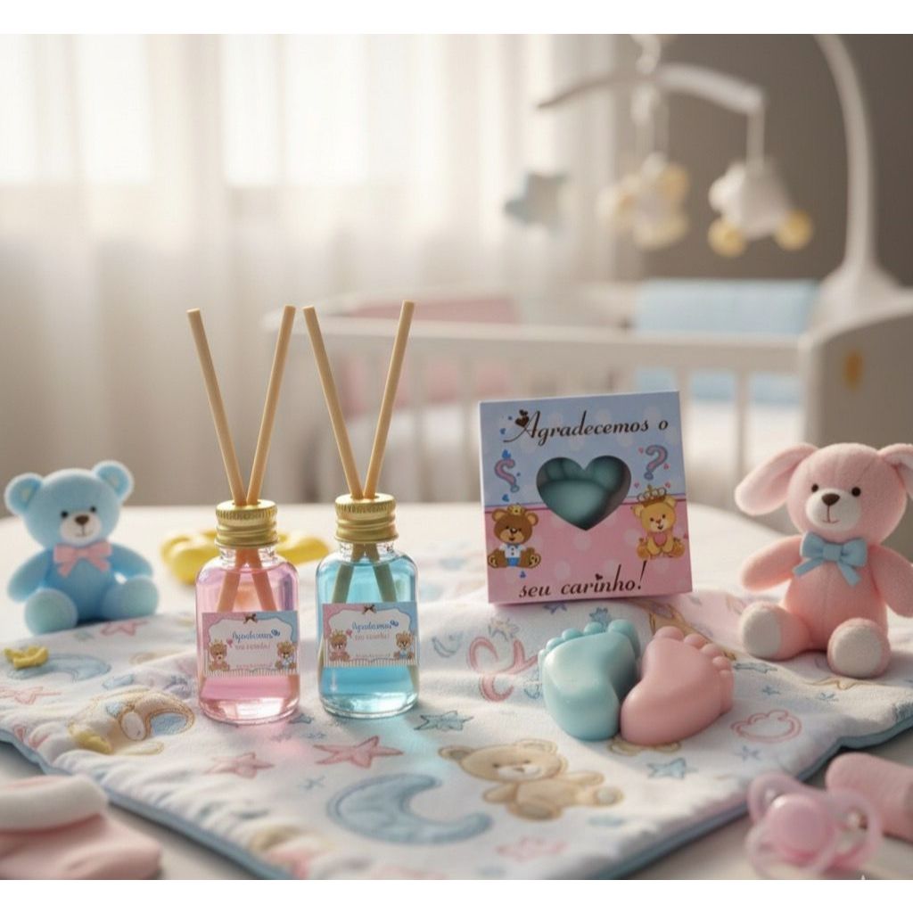 Kit 40 Lembrancinhas Para Chá de Bebê, Maternidade - 20 Caixinhas com Pezinhos + 20 Aromatizadores