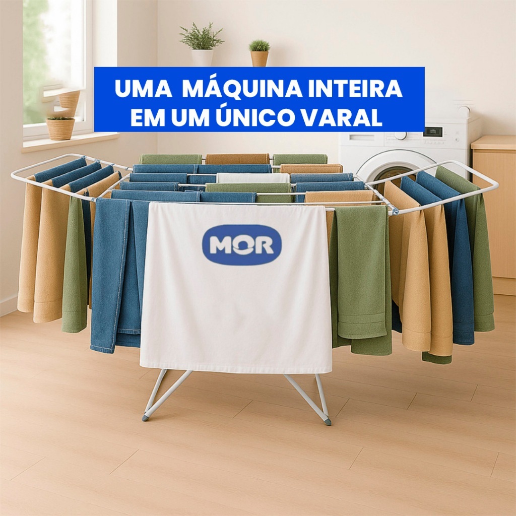 Varal de Chão Grande Maxi MOR com Abas Capacidade P/ 25kg Roupas Úmidas Não Enferruja Dobrável Aço