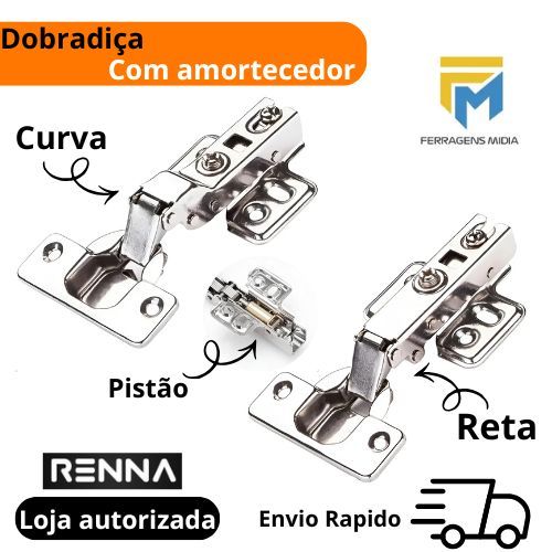Kit 10 Dobradiça Renna  com amortecedor para Armário 35mm Reta e Curva