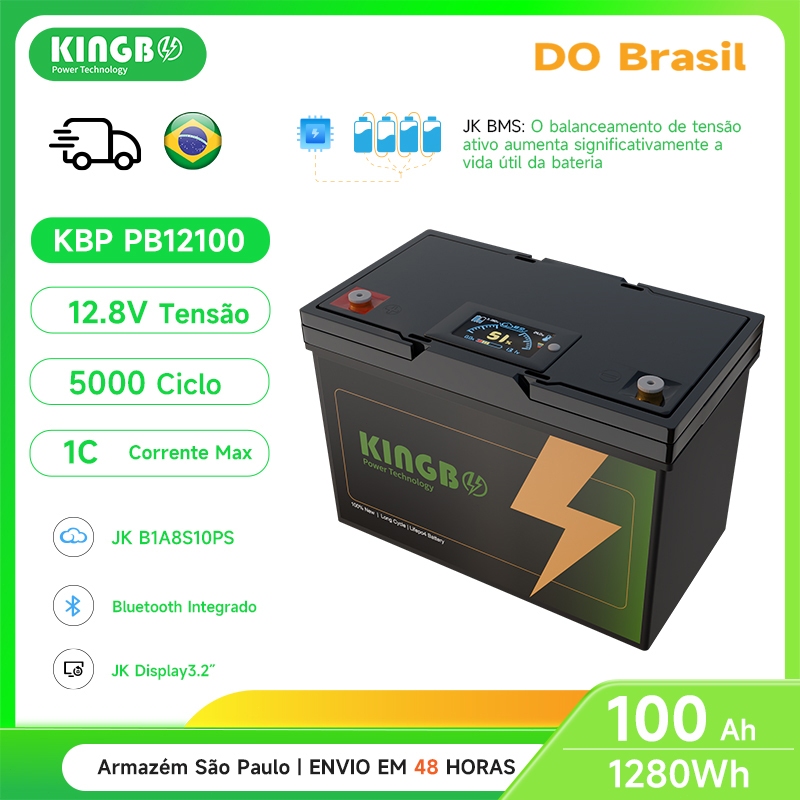 Kingbo Power 12V 100Ah Bateria Lifepo4 12.8V com Bluetooth JK BMS para off-grid solar sistema