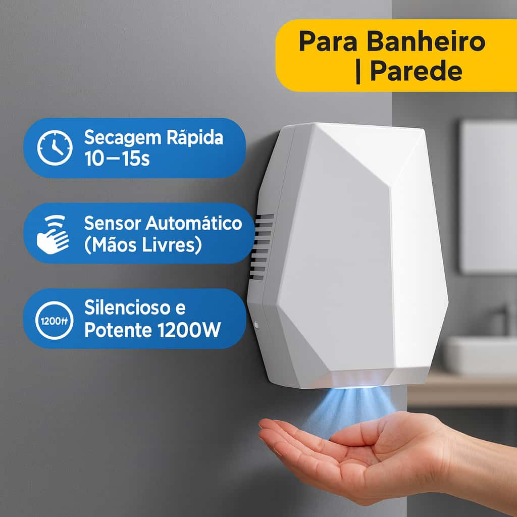 Secador Automático 10–15s com Sensor 1200W Silencioso para Banheiro Parede
