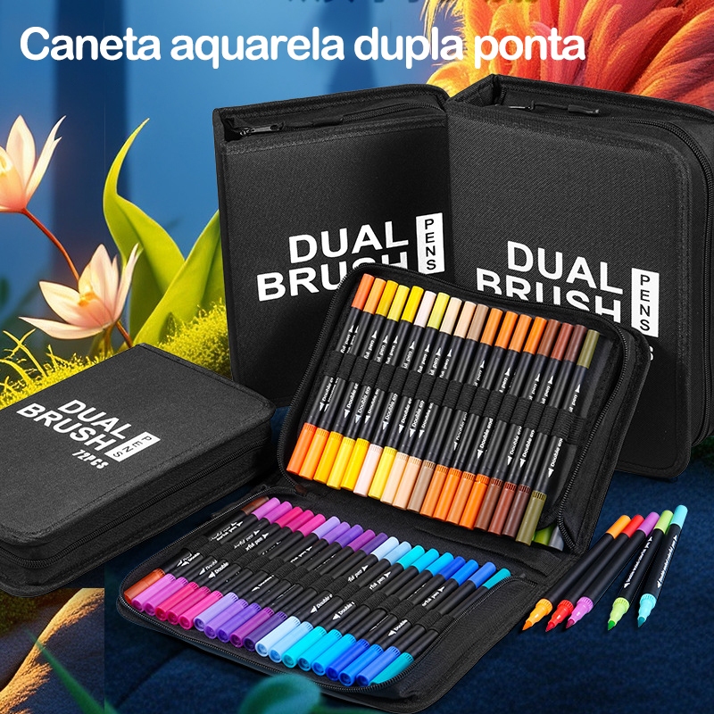 Kit 60/80/100/120 Cores Caneta 2 em1 Brush Lettering e Ponta Fina Dual Pen Canetinha Colorir Desenho