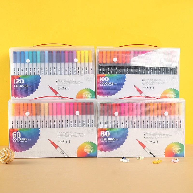 60/80/100/120 Cores Aquarela Conjunto De Canetas Marcadores De Arte Com Ponta Dupla/Tinta Base De Água material escolara