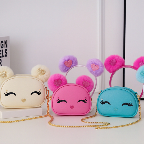 Kit Bolsa e Tiara Infantil com PomPom – Bolsa Criança Feminina Festa Presente com Corrente