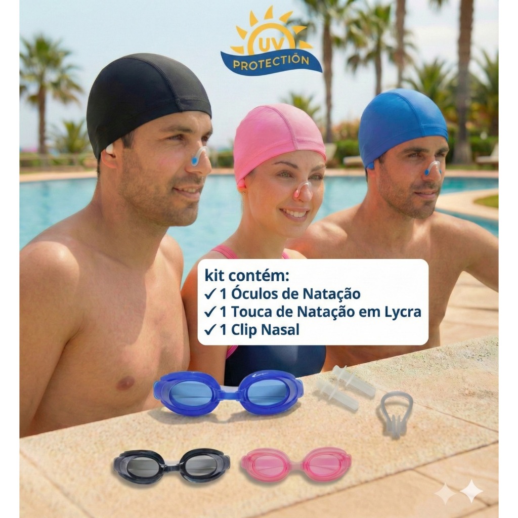 Kit Touca Lycra + Óculos Natação Com Protetor Nasal e Ouricular Piscina  Natação Praia Adolescente e Adulto