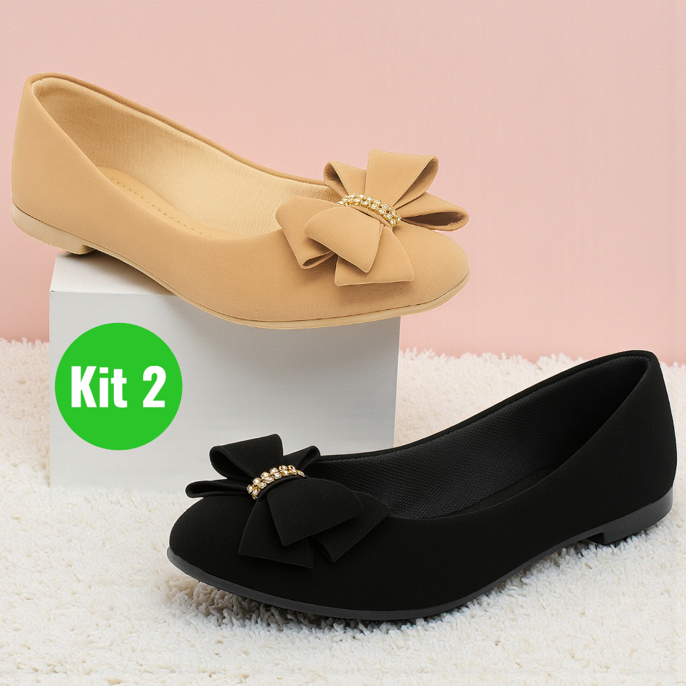 Kit 2 Pares Sapatilha Feminina com Laço Strass Confortável Sapato Casual Bico Fino Social