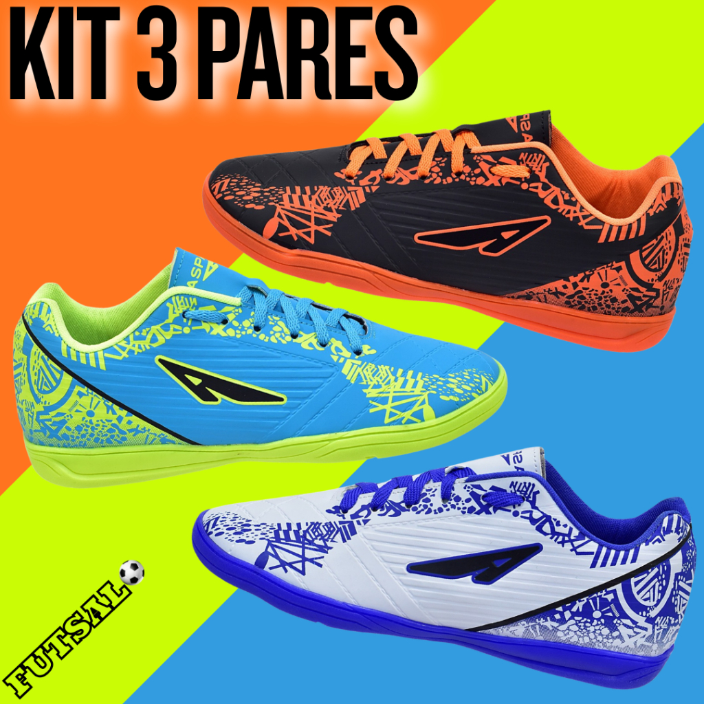 Kit 3 Pares Chuteira Futsal Adulto Masculino Profissional Confortável para jogar Bola Quadra Salão