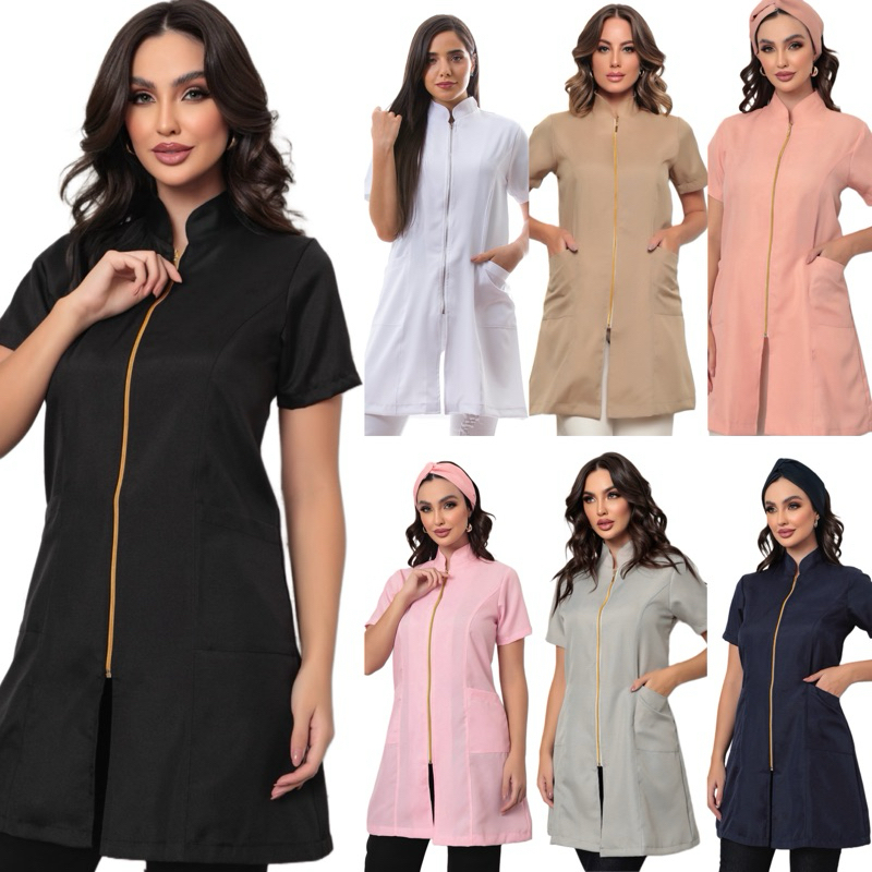 Jaleco Várias Cores Feminino Acinturado Ziper Manga Curta Malta Gardenia Jalecos