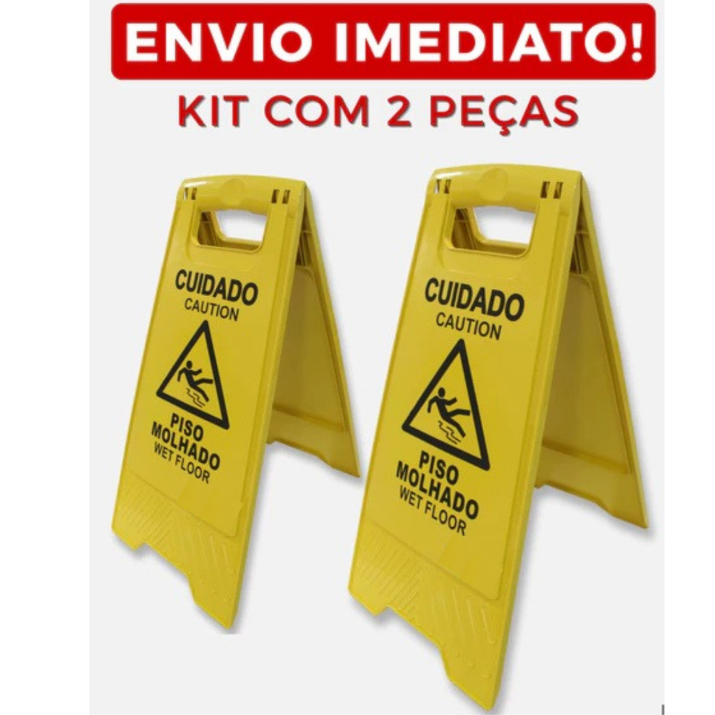 Kit 2 Placas Cavalete Cuidado Piso Molhado em Plástico Dobráveis, Resistentes de Alta Visibilidade