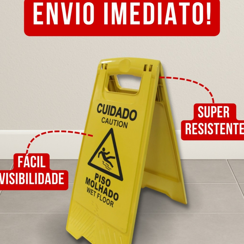 Placas Cavalete Cuidado Piso Molhado em Plástico PP –Dobráveis, Resistentes de Alta Visibilidade