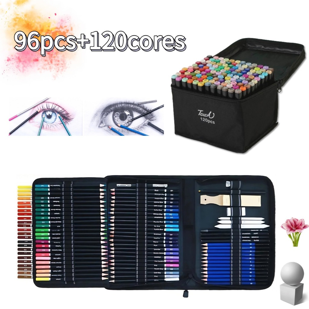 Estojo 96 Peças Lápis De Desenho Arte Profissional Pintura+48/60cores Caneta Marcadora