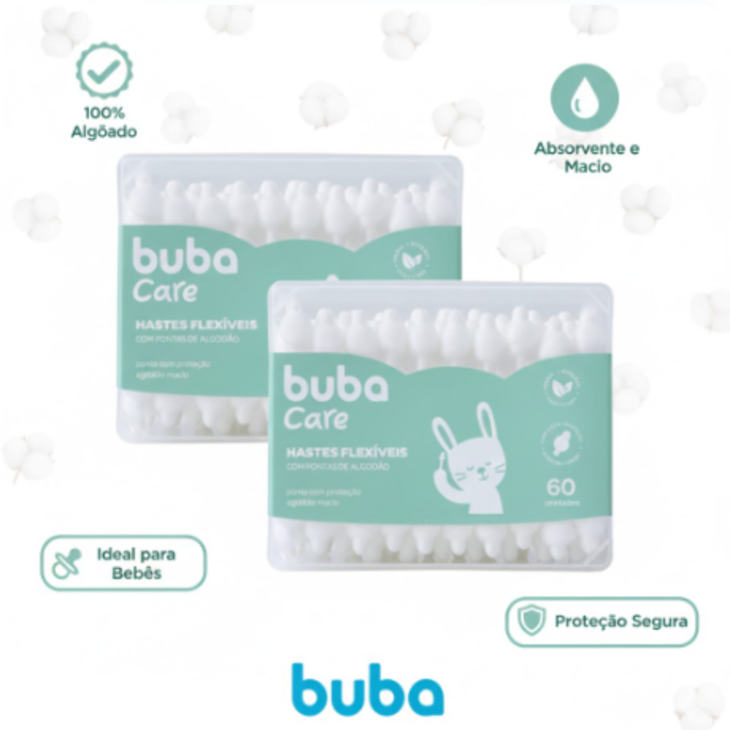 Cotonetes Hastes Flexíveis Buba Infantil Para Bebês Com 60/120/180/240 Unidades