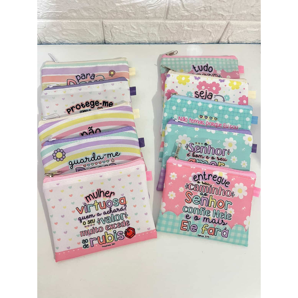 kit 10 mini necessaires ou porta moedas tema versículos, gospel,religioso