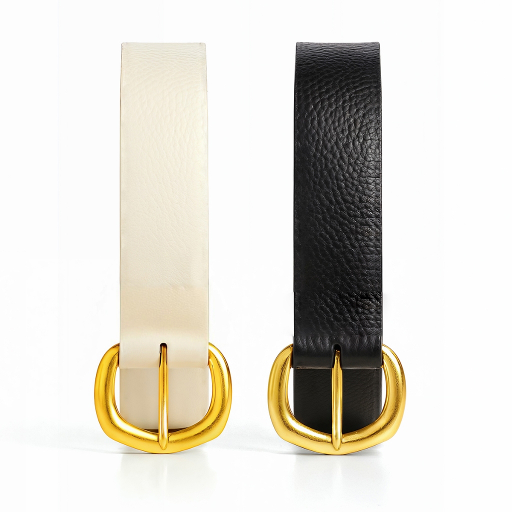 Kit 2 Cintos Feminino Fivela Metalizada Dourada Em Couro Sintético Minimalista