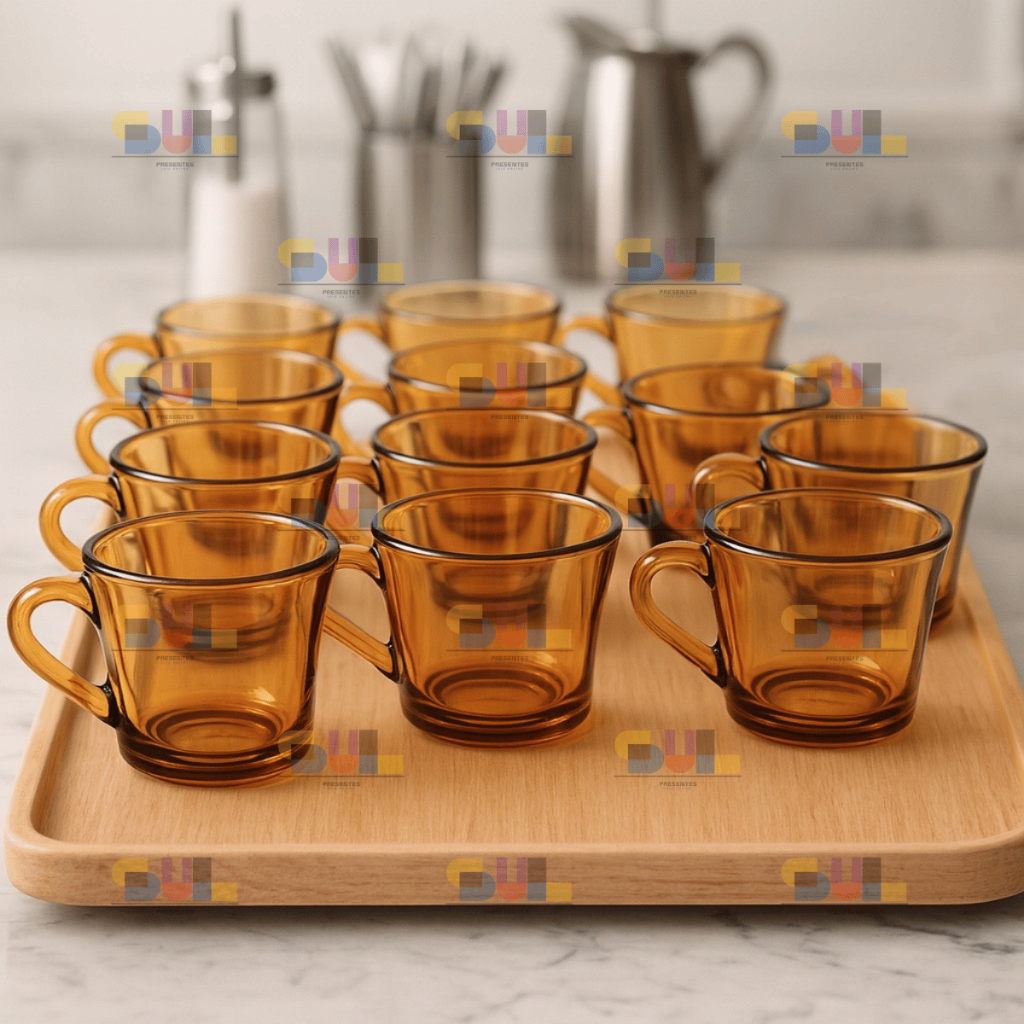 Jogo de Xicara 12 Peças 200ml SINO AMBAR Marrom Vidro Chá Café Conjunto Xicaras Louças Clássica