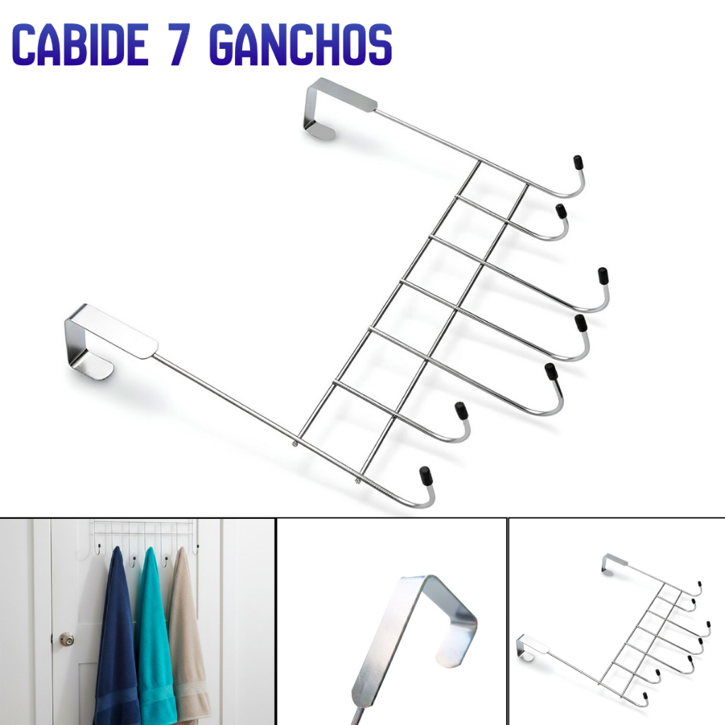 1 Cabide 7 Gancho para Porta Banheiro Quarto Cromado Resistente