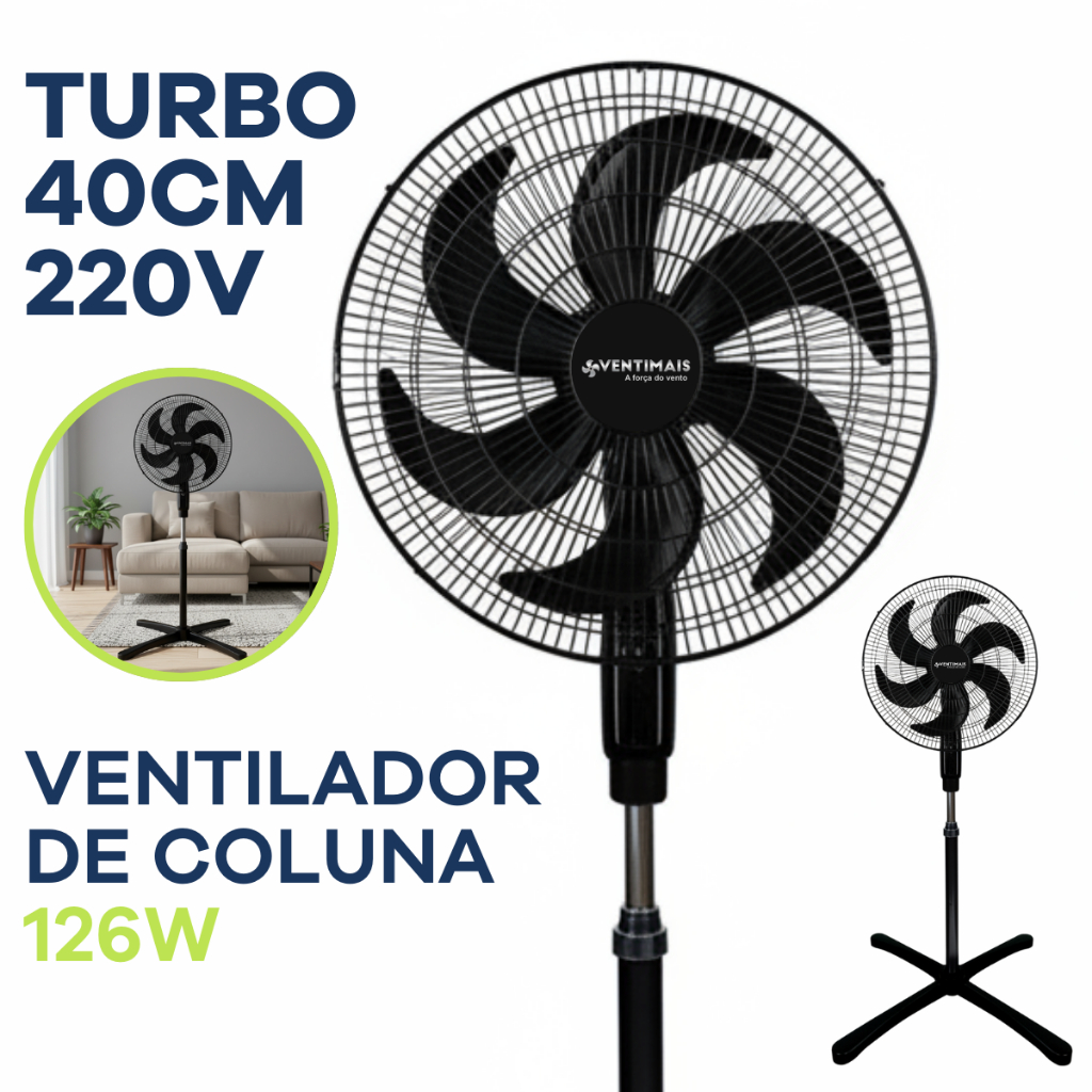 Ventilador de Pé Vertical Coluna 220V Turbo Oscilante 40cm 6 Pás 126W Alta Potência  Silencioso