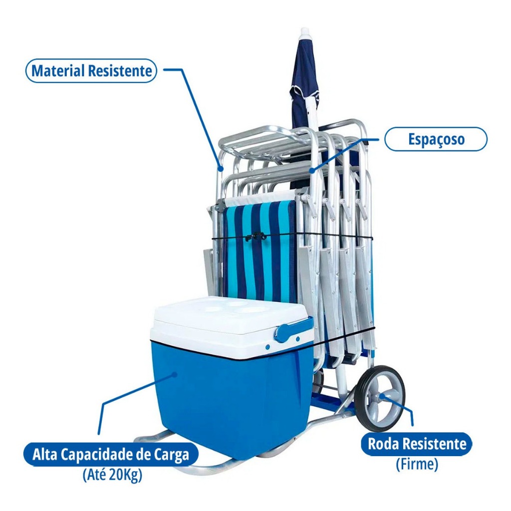 Carrinho de Praia Mor Azul Vira Mesa Com Avanço Para Caixa Térmica Cooler Promoção