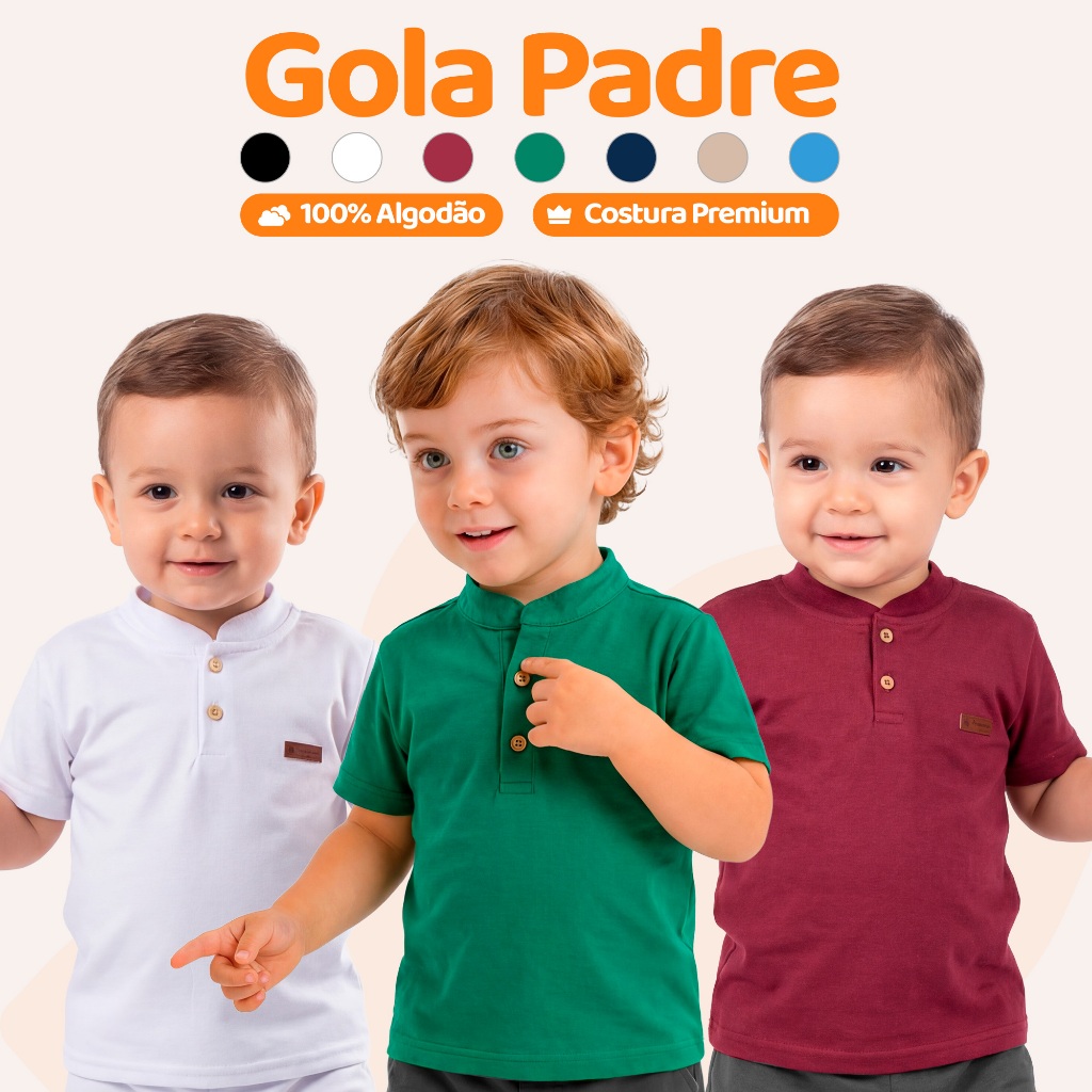 Camiseta Social Bebê Menino Estilo Gola Padre Henley Casual Camisa Bebê Estiloso Masculino Premium Roupa de Bebê L15