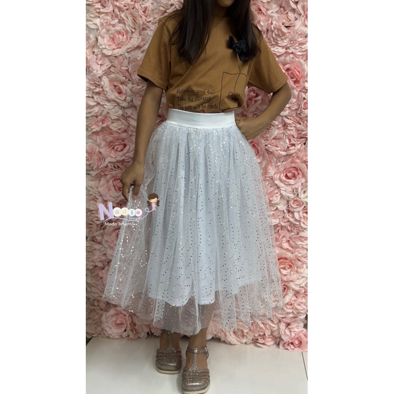 Saia Infantil de Tule Bordado com Brilho – Moda Evangélica – 6 a 14 Anos