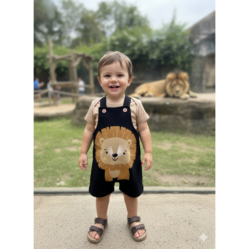 Conjunto Jardineira Bebê Menino Suedine Leãozinho