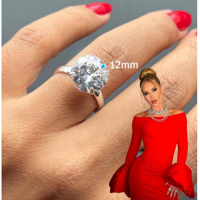 Anel Solitário Prata 925 Virgínia Ajustável Tamanho Regulável Pedra Moissanite 12mm 10mm