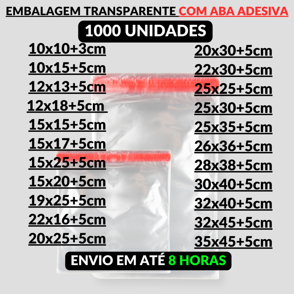 1000un Saco Transparente Adesivado Plástico C/ Aba Adesiva Embalagem Qualidade Atacado Várias Medida