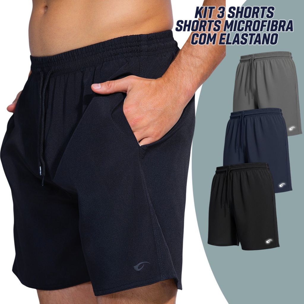 Kit 3 Short Premium Bermuda Tactel Elastano Esporte Masculina Treino Praia Piscina Academia Casual